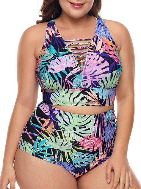 Beeachgirl Women Plus Size Swimsuit Tropical Print Neck Detail Two