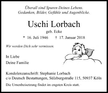 Traueranzeigen Von Uschi Lorbach WirTrauern