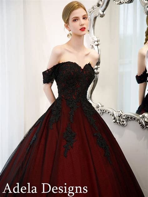 Black And Dark Red Ball Gown Gothic Wedding Dress Bridal Off Etsy