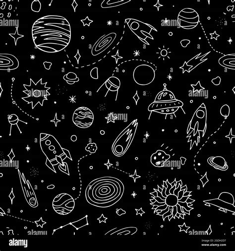 Seamless Vector Space Doodle Pattern Planets Rocket Stars Comets