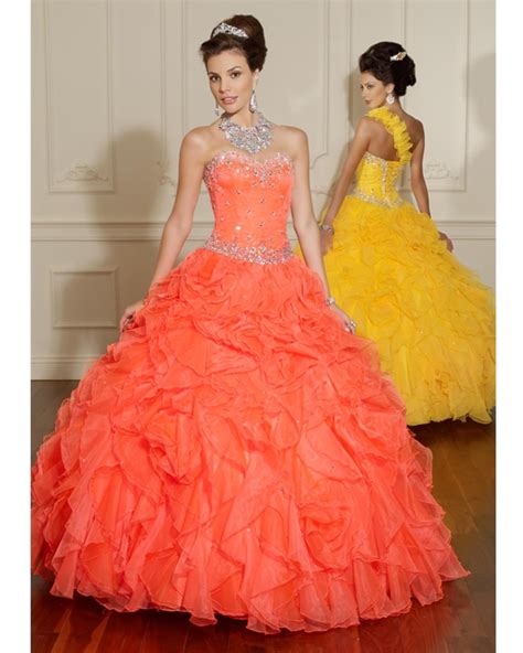 Orange Ball Gown Sweetheart Ruffled Floor Length Ball Gown Organza