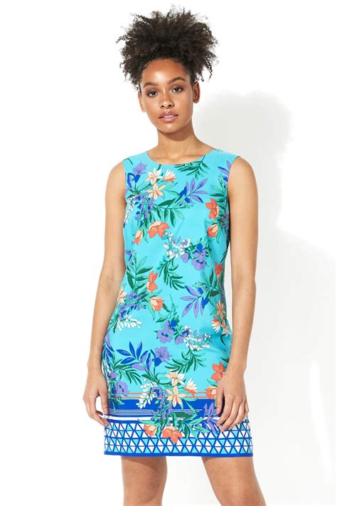 Floral Border Print Shift Dress In Turquoise Roman Originals Uk