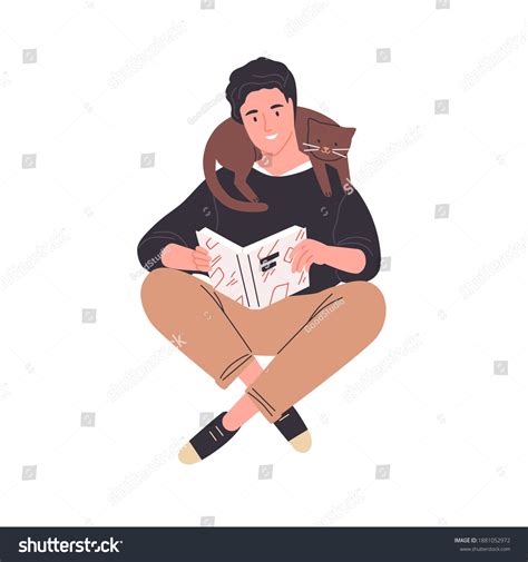 Happy Young Man Reading Book Sitting Stock Vector Royalty Free