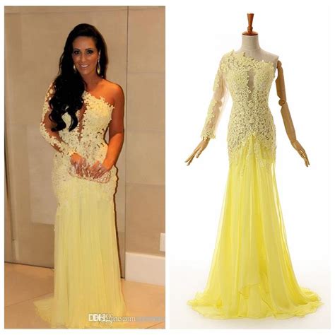 Yellow Lace Bridesmaid Dresses One Shoulder Long Sleeves Real Photo