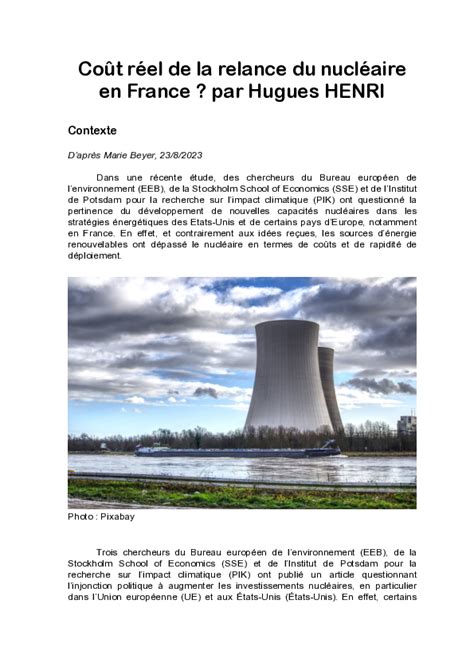 Pdf Coût Réel De La Relance Du Nucléaire En France Par Hugues Henri