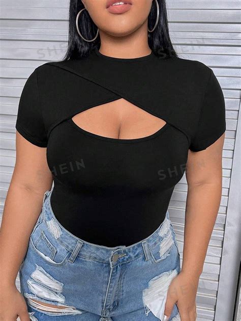 Shein Coolane Plus Cut Out Front Corset Black Tee Shein Uk