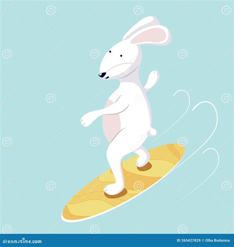 A White Rabbit Is Surfing Catching A Wave Vector Illustration With