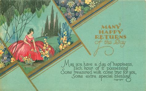 Many Happy Returns Of The Day Inset Lady In Red Dress Gardens Carte