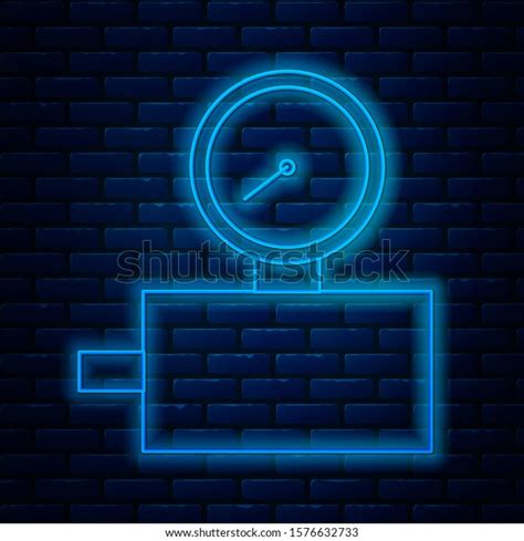 Glowing Neon Line Gauge Scale Icon Isolated On Brick Wall Background