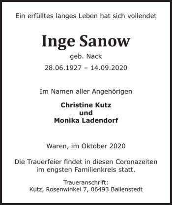 Traueranzeigen Von Inge Sanow Trauer Nordkurier