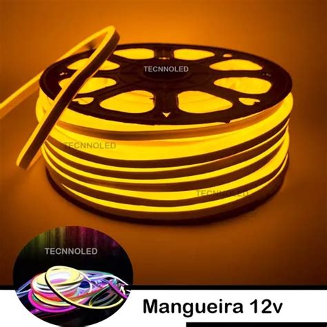 50m Mangueira Led Neon 12v Brilho Corte 2 5cm Amarelo Ambar Frete grátis