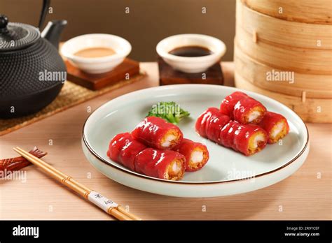 Yumcha Dim Sum Chinese Steamed Red Rice Noodle Rolls Filled With