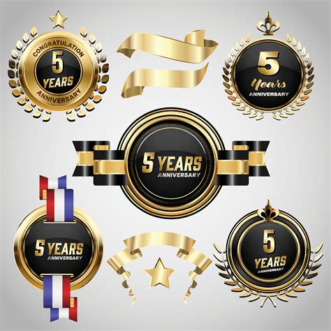 5 years anniversary logo with golden ribbon. Set of Vintage Anniversary ...