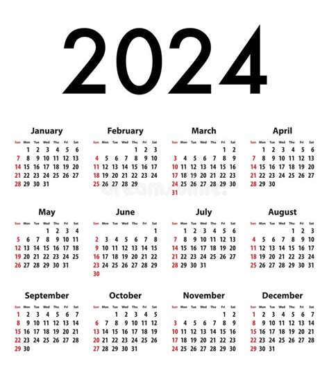 English Calendar For 2024 Week Starts On Sunday Stock Vector