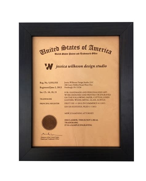 US Patent and Trademark Registration Certificate Plaque