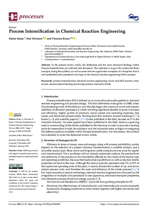 Pdf Process Intensification In Chemical Reaction Engineering Pasi