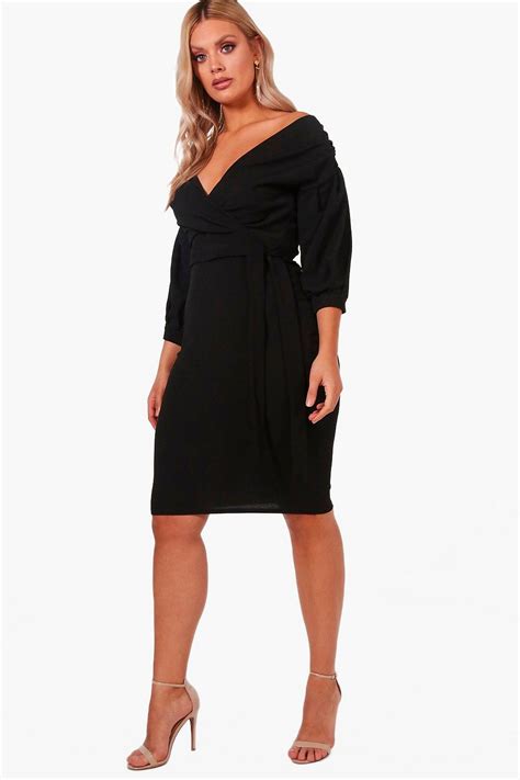 Plus Off The Shoulder Wrap Midi Dress Bodycon Fashion Black Midi