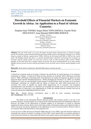 Threshold Effects Of Financial Markets On Economic Growth In Africa An