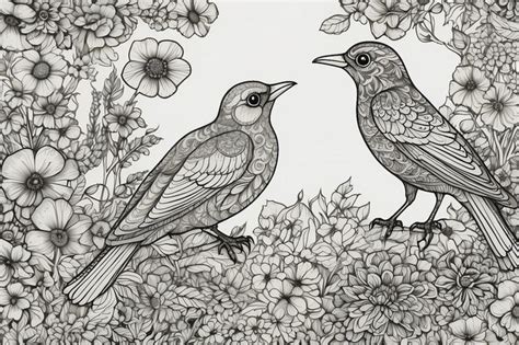 Art Therapy Coloring Page Birds Hand Drawn In Vintage Style With