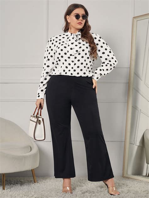 Plus Polka Dot Print Tie Neck Puff Sleeve Blouse Shein Usa