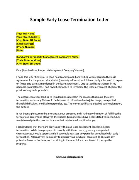 Free Printable Early Lease Termination Letter Templates Pdf Word