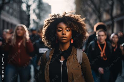 Black Woman Marching In Protest With A Group Of People Stock Photo