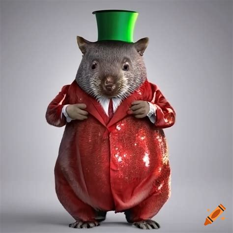 Humorous Illustration Of A Fat Wombat In Red Suit And Top Hat On Craiyon