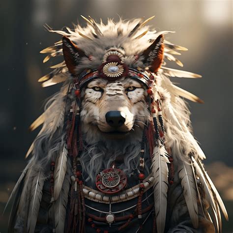 Premium Ai Image Portrait Of Wolf Wearing A Feathered Native American