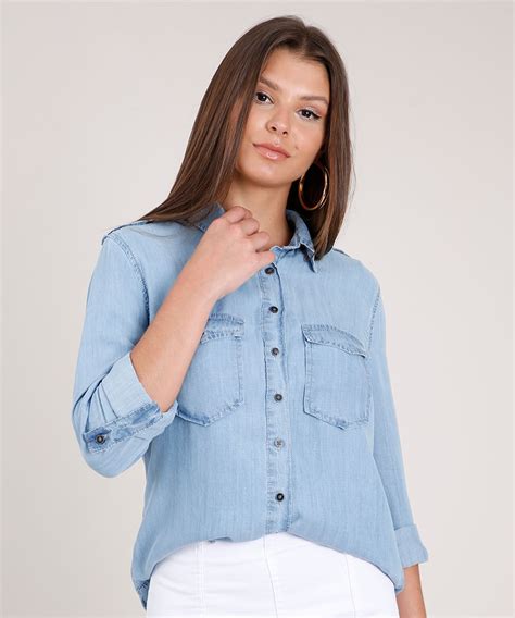 Camisa Jeans Feminina Manga Longa Azul Claro Ubicaciondepersonas Cdmx