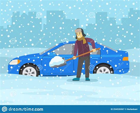 Driving A Car In Winter Conditions Man With Shovel Cleaning Car Stuck