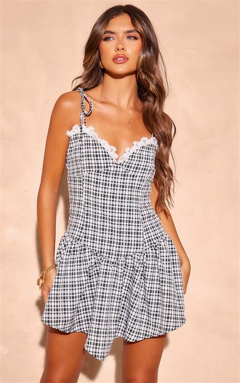 Black Gingham Lace Frill Strappy Shift Dress Dresses Prettylittlething Aus