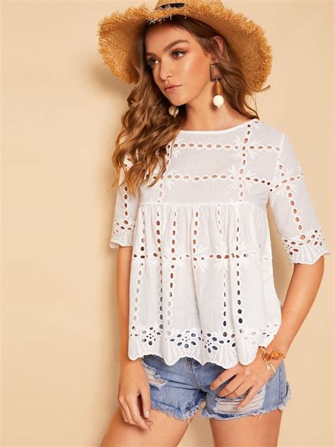 Scallop Hem Schiffy Eyelet Smock Blouse Blusas Bonitas Ropa De