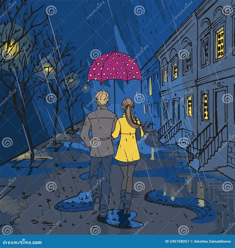 Illustration Of A Couple Walking In The Rain Stock Vector