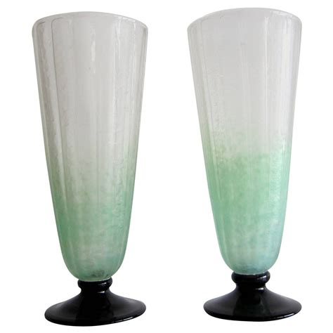 Pair Of Art Deco Pale Green Frosted Glass Vases By Schneider At 1stdibs