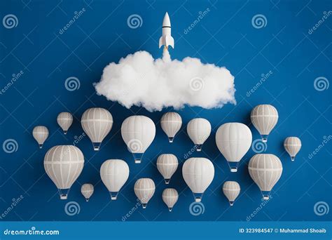 Hot Air Balloons Under White Cloud Rocket Ascends With White Smoke Royalty Free Stock Photo