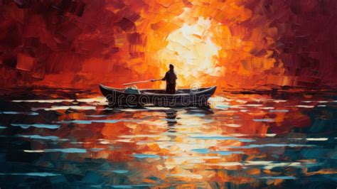 Vibrant Palette Knife Oil Painting Of Person In Boat At Sunset Stock