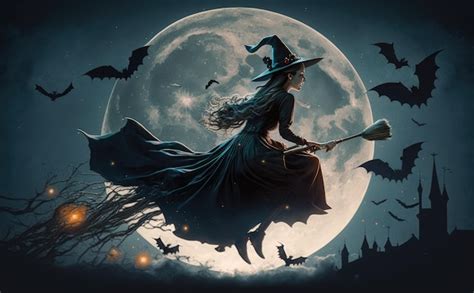 Premium AI Image | A witch flying on a broomstick in front of a full moon.