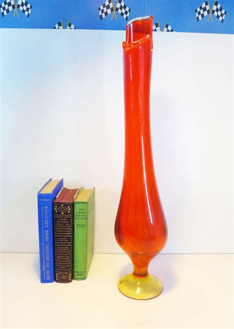 23 Tall Amberina Vase Red Yellow Viking Stretched Footed Swung Pulled Glass Hand Blown Cased