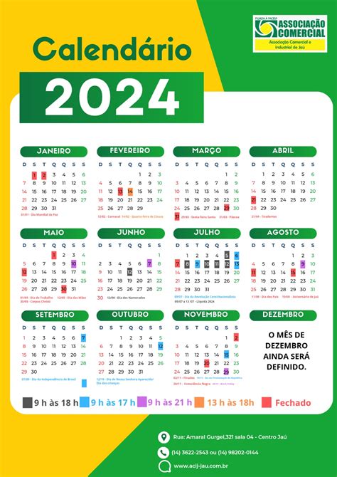 Confira o calendário completo do ano de 2024 do comércio Jauense