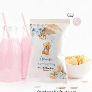 Editable Any Event Boho Blue Pampas Grass Teddy Bear Chip Bag Wrapper