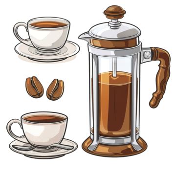 French Press Coffee Set Cartoon French Press Coffee Png Transparent