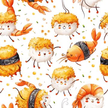 Ebi Furai Prawn Tempura Funny Characters Seamless Pattern Asian Food