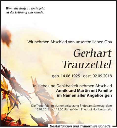 Traueranzeigen Von Gerhart Trauzettel Trauer Anzeigen De