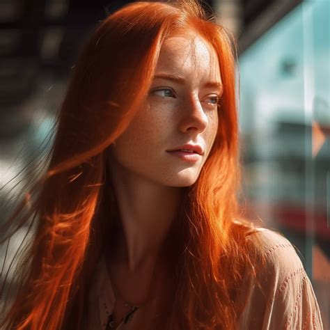 A Beautiful Woman Red Long Hair Dress Wearing A Beautiful Woman