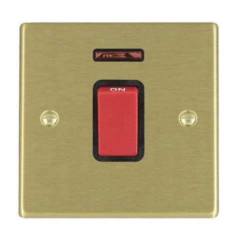 Hamilton Hartland Satin Brass 45a Double Pole Switch And Neon With Red Rocker And Black Surround