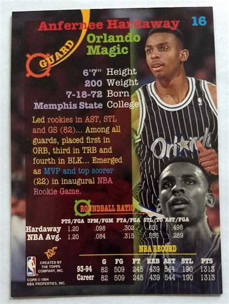 ANFERNEE HARDAWAY 1994 95 TOPPS STADIUM CLUB 16 MAGIC EBay