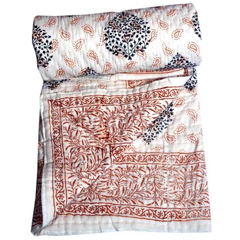 Cream Jaipuri Quilt With Black And Orange Sanganeri Block Print