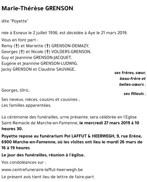 Avis De Décès De Marie Thérèse Grenson Décédé Le 21032019 à Aye