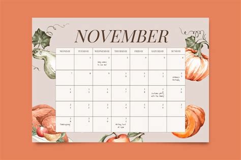 Free Vector Thanksgiving Calendar Template Design