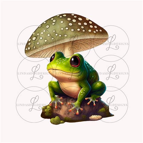 A Green Frog Sitting On Top Of A Mushroom